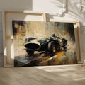 Framed canvas print of a vintage race car depicted in vibrant, artistic style