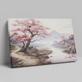 Framed canvas print of a serene cherry blossom landscape with mountains and a river