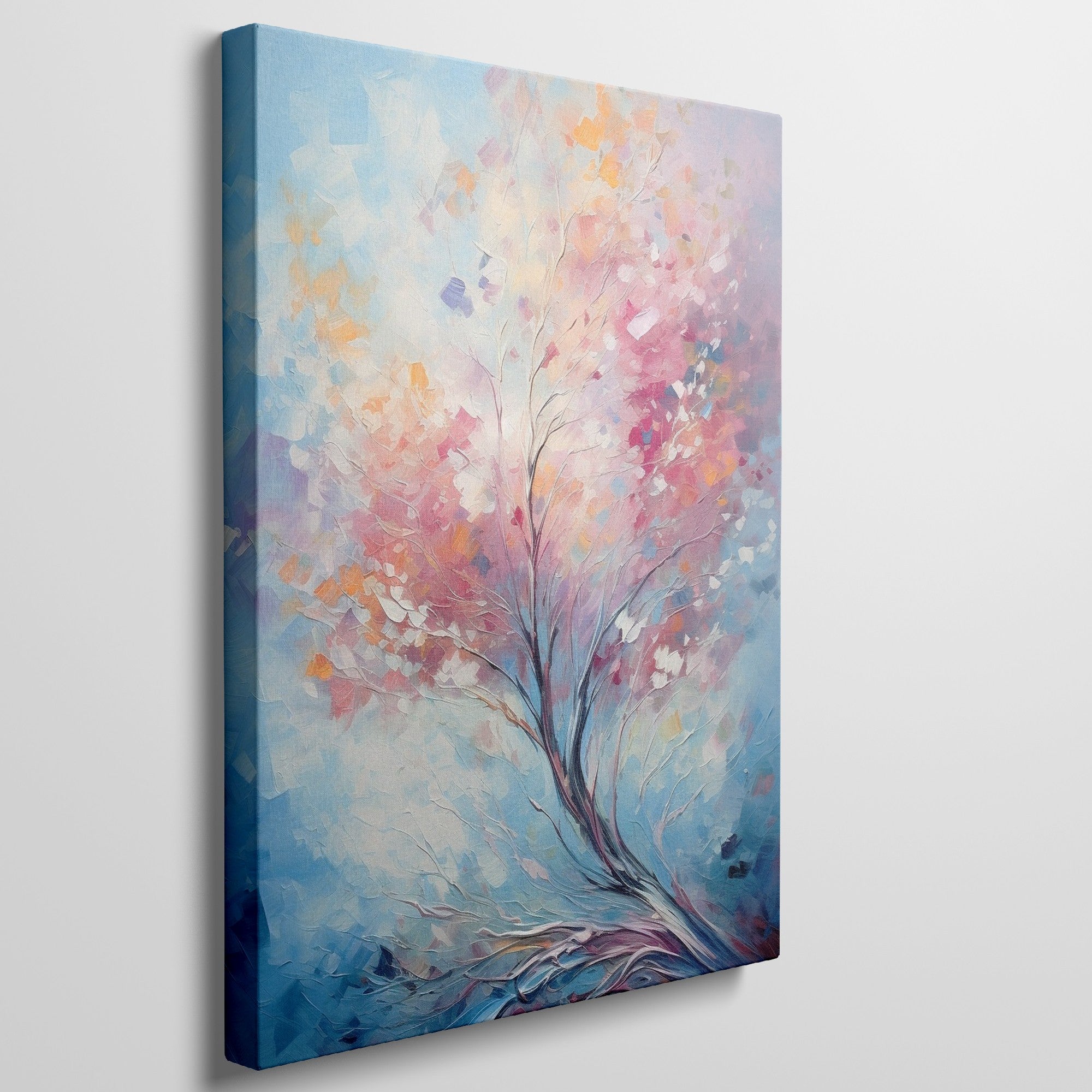 Framed canvas print of an abstract impressionist tree with vibrant pink, orange, and blue colours