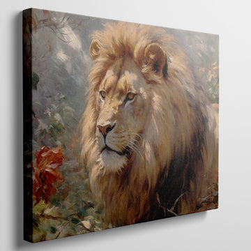 Framed canvas print of a realistic lion showcasing golden and warm earth tones, with detailed brushwork and a serene expression.