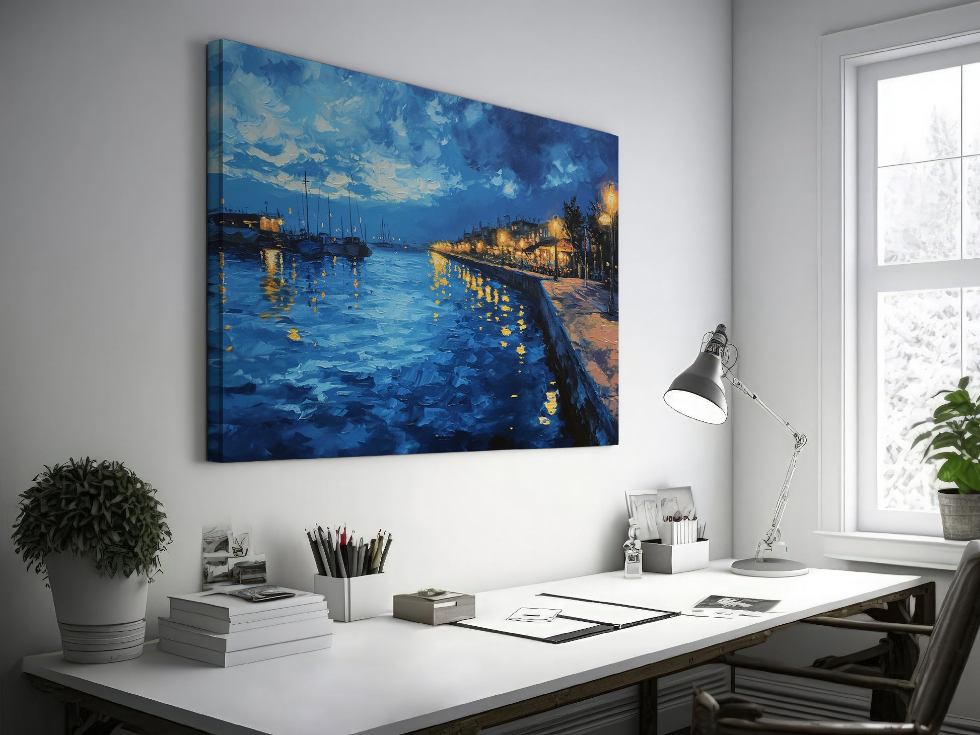 Framed canvas print of twilight seascape with vivid blue waters and illuminated harbour lights