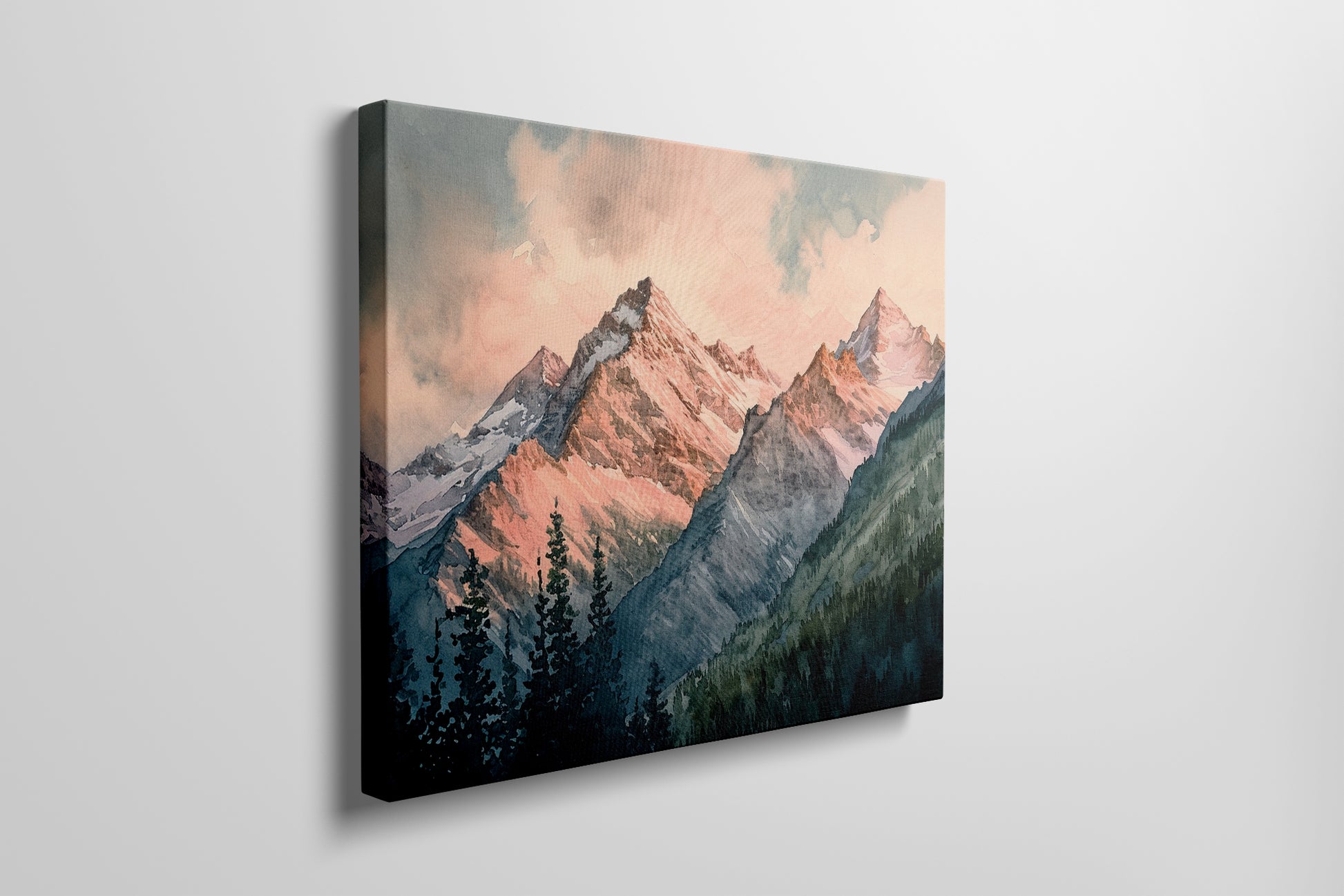 Framed canvas print of a serene watercolour mountain landscape with sunset hues