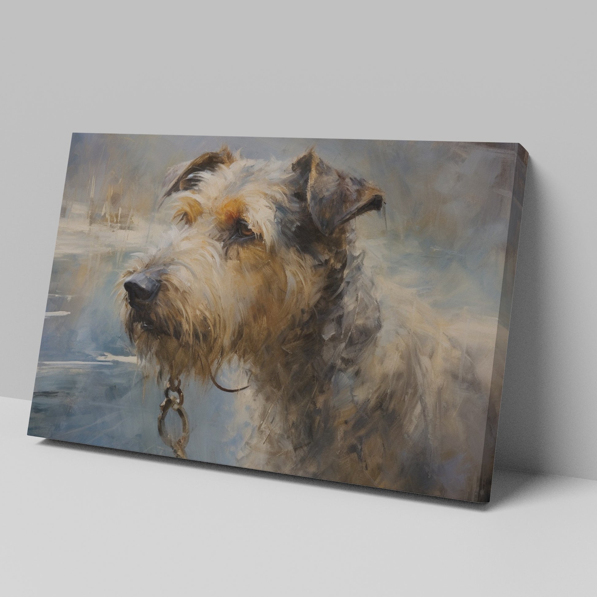 Framed canvas print of an impressionistic painting depicting a detailed and textured dog portrait with warm tones