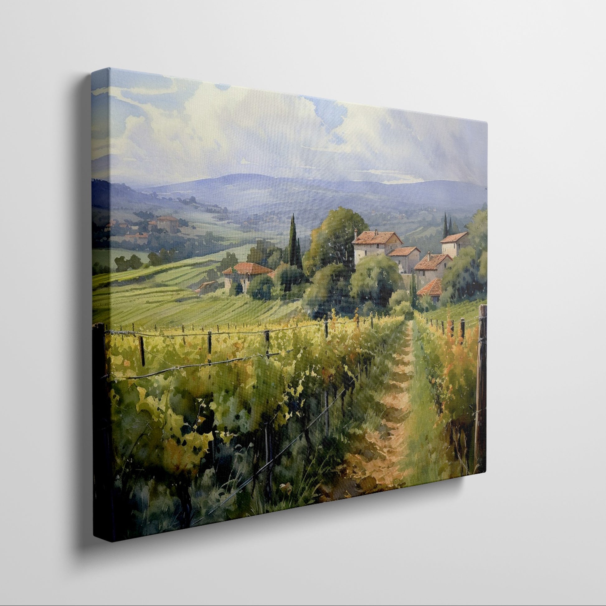 Framed canvas print of Tuscan vineyard and countryside landscape with vibrant colours and rustic farmhouses