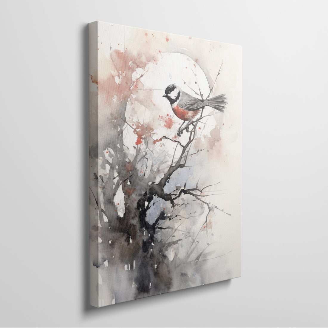 Watercolor painting of a bird on a branch with abstract red and brown splashes on a white background