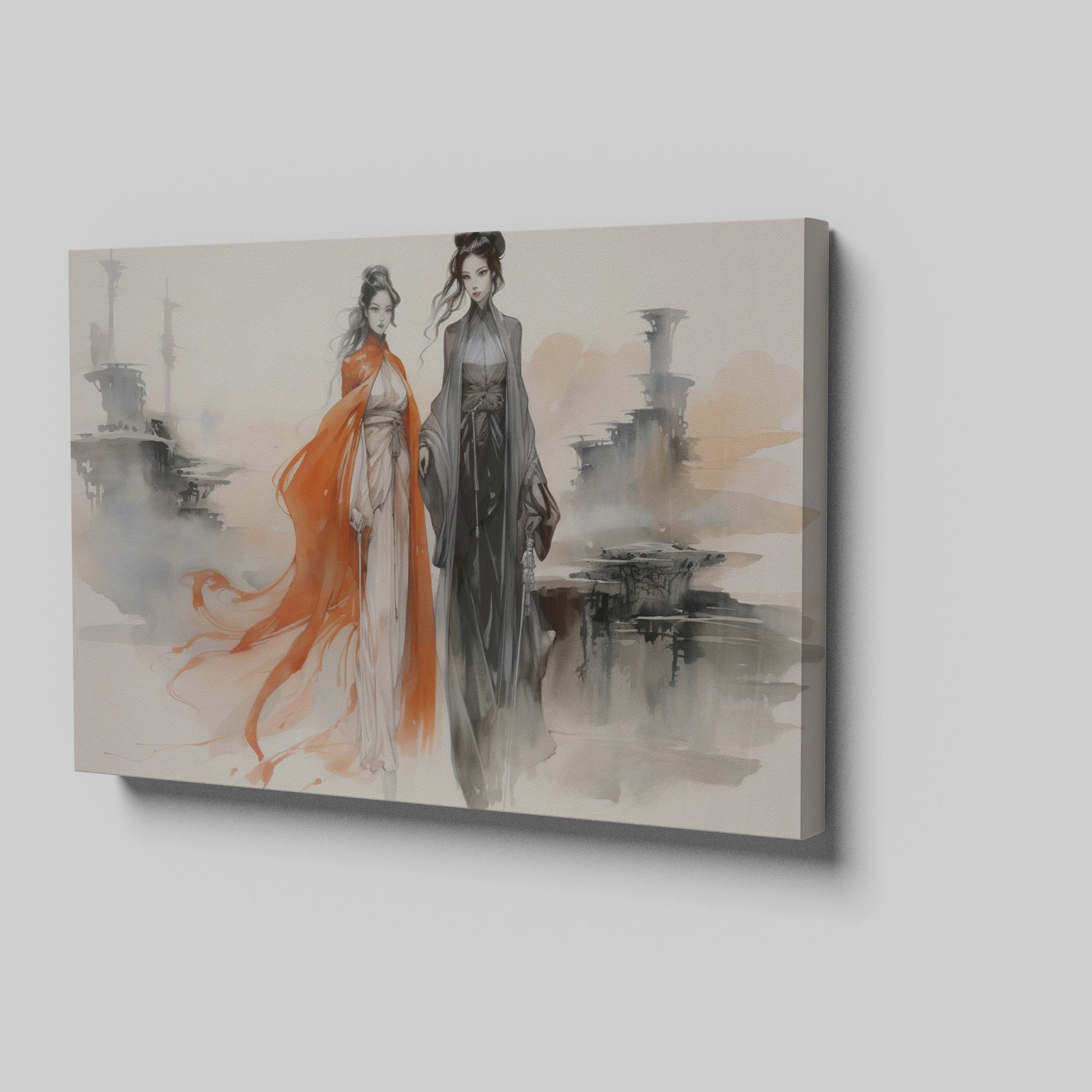 Framed canvas print of elegant ancient Chinese figures in watercolour