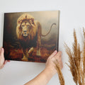 Framed canvas print of a regal lion striding through the misty savannah