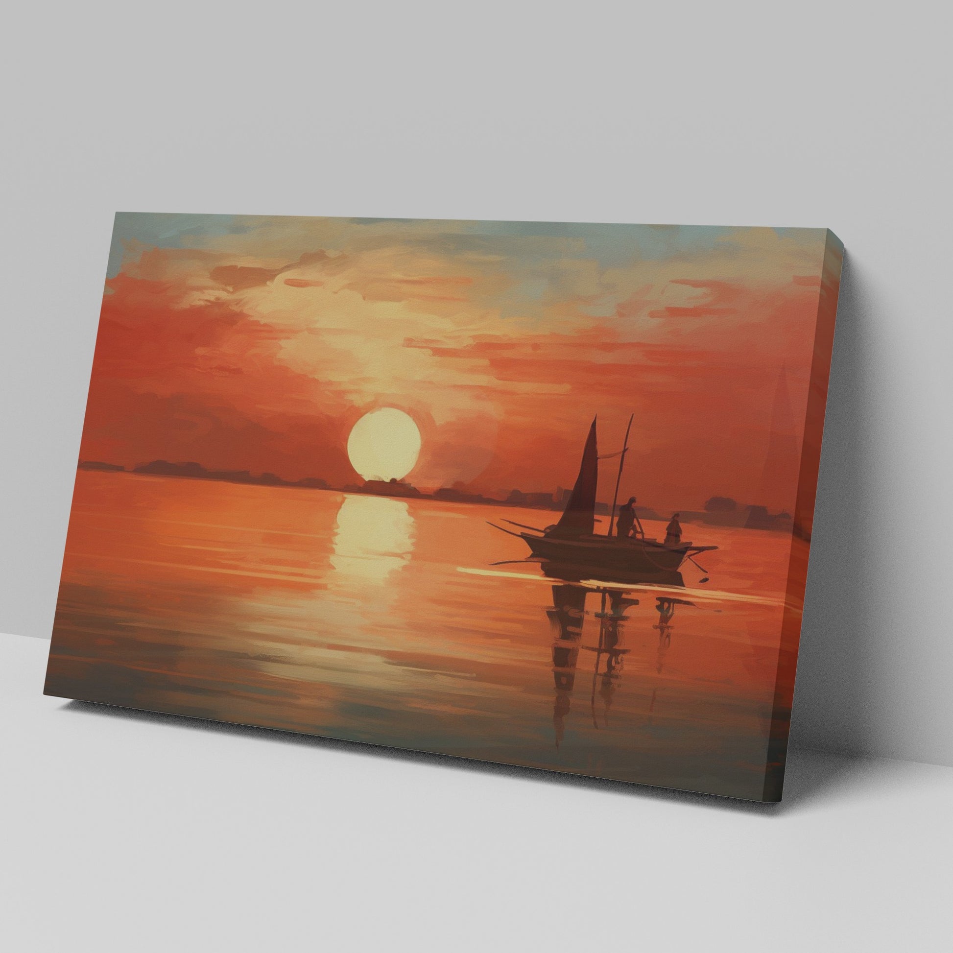 Framed canvas print of a sailboat silhouetted against a sunset with warm red and orange tones