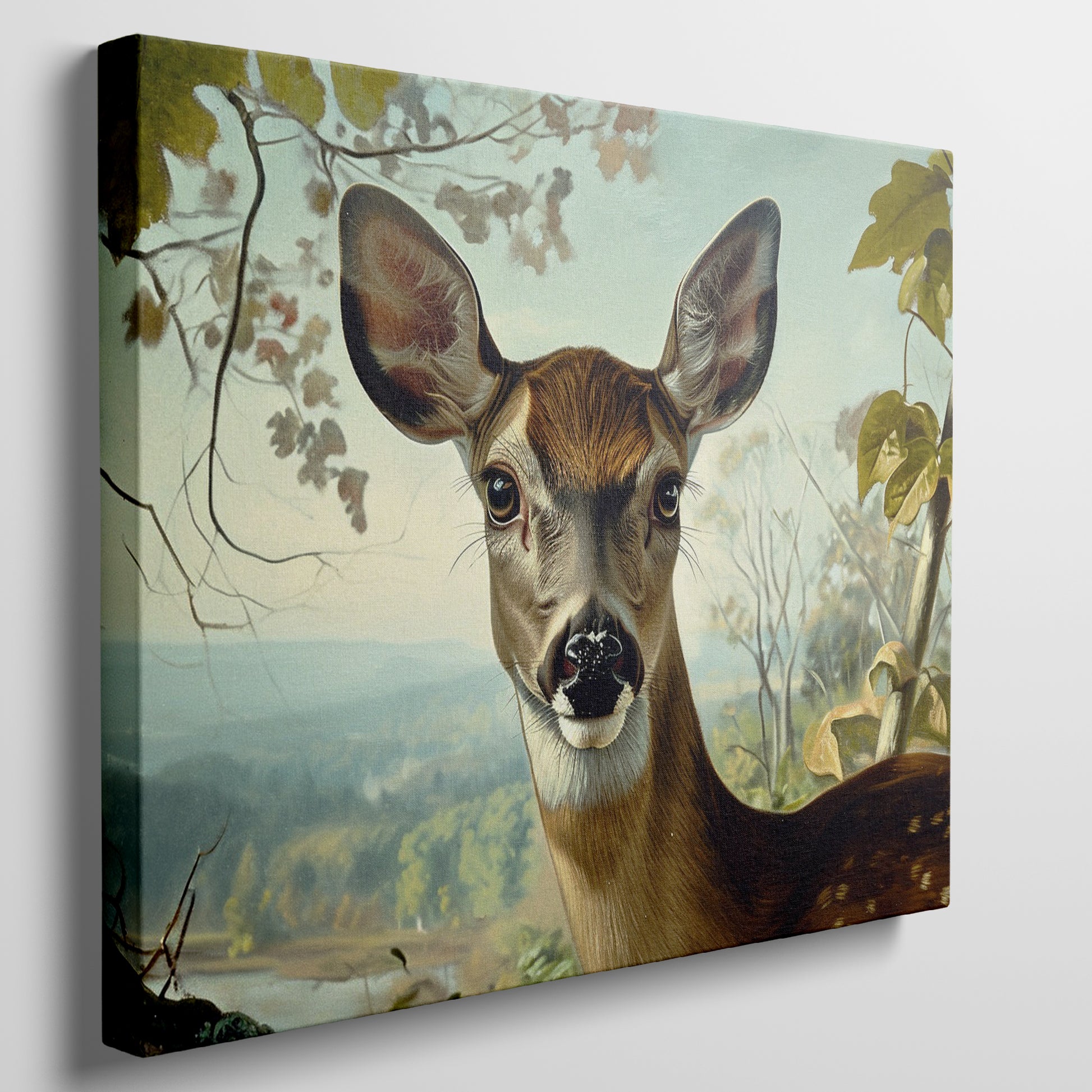 Framed canvas print of a realistic deer in a serene countryside setting with earthy tones