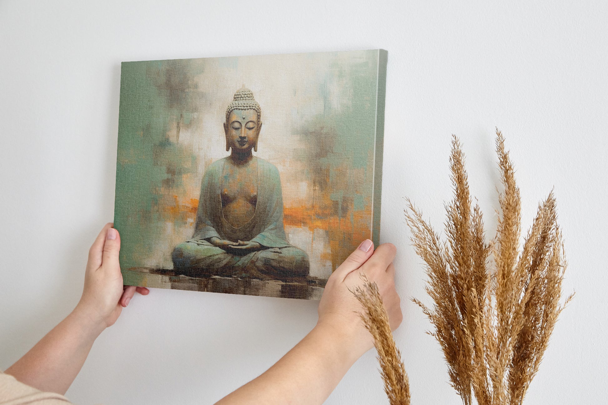 Framed canvas print of serene Buddha in meditation with abstract earthy background