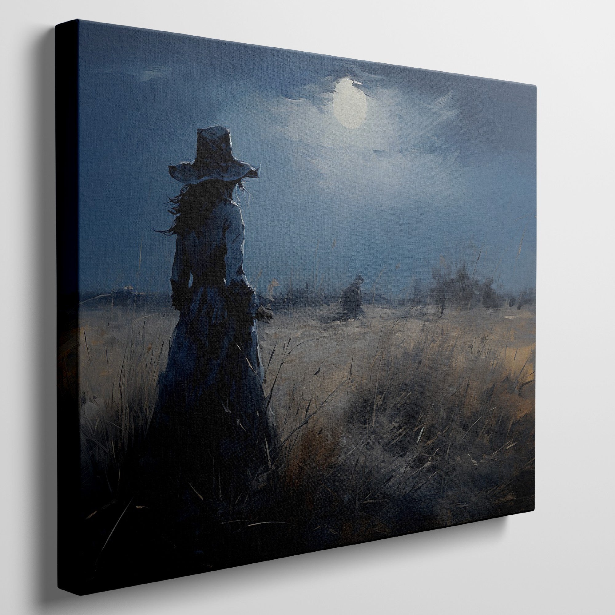 Framed canvas print of a woman in a twilight field under a glowing moon