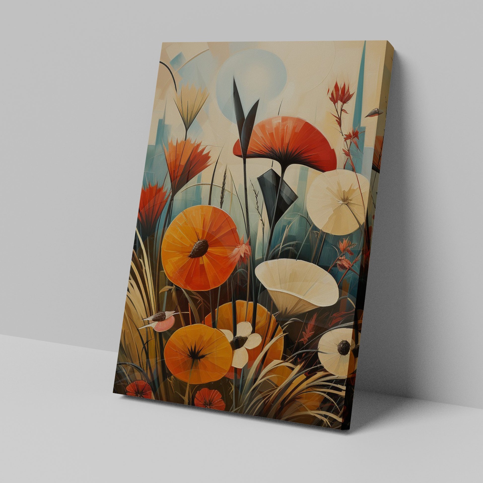 Framed canvas print of stylized poppies with a modern geometric cityscape background