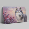 Framed canvas print of a stylised wolf portrait with a pastel floral background and sunset colours