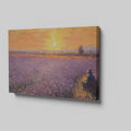 Framed canvas print of an impressionist lavender field with a person at sunset displaying warm sunset colours