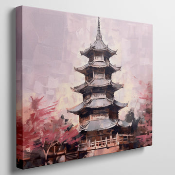 Framed canvas print of a tranquil pagoda with cherry blossoms in soft pastel hues