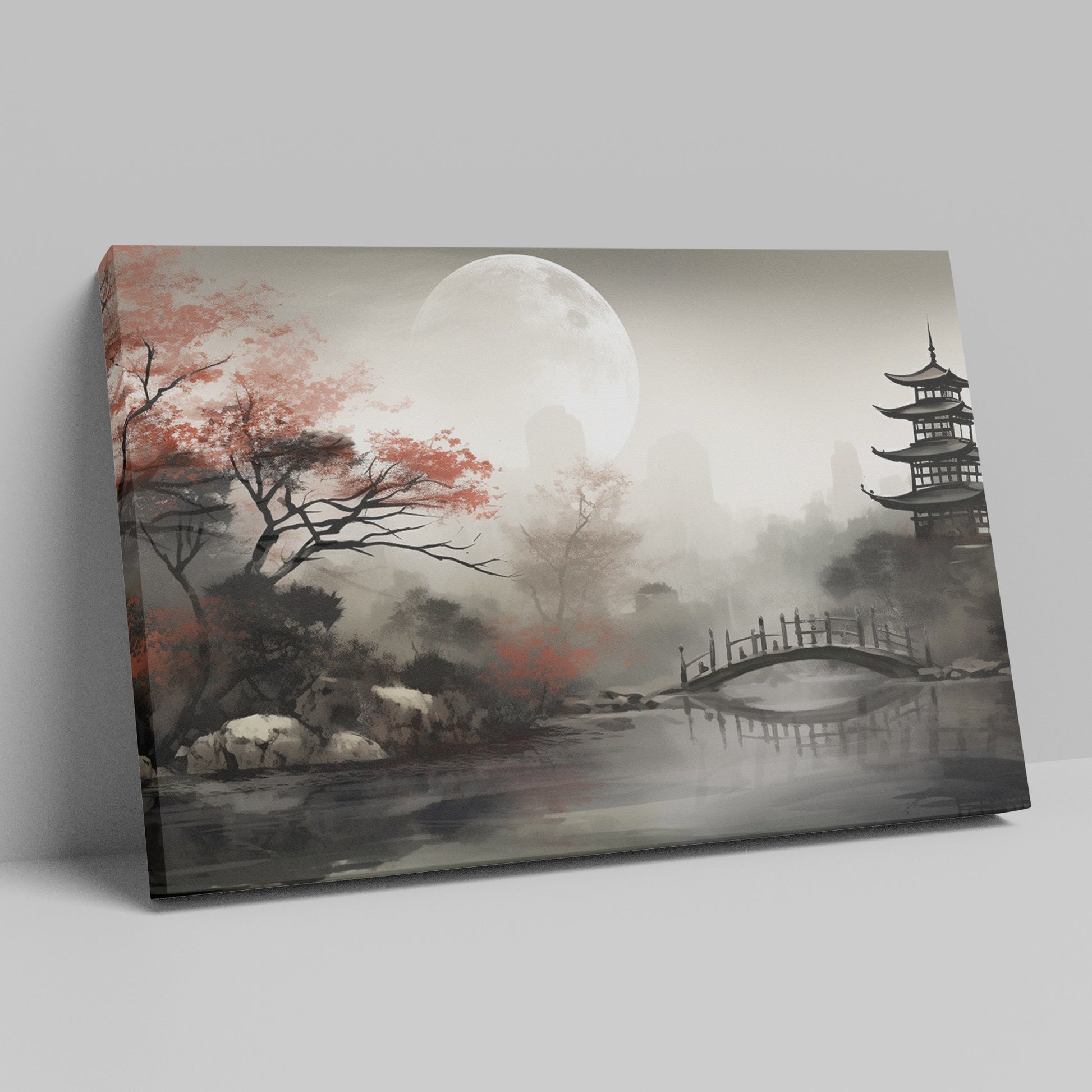 Framed canvas print of a serene Oriental landscape with a moonlit pagoda, red autumn leaves and a tranquil lake