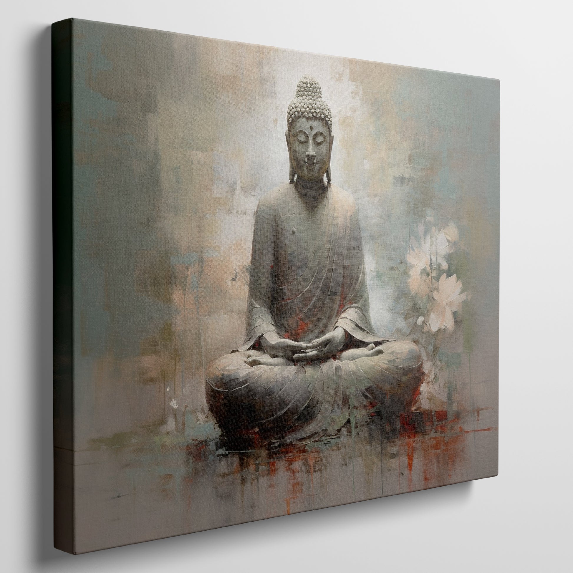 Framed canvas print of Buddha in meditation with abstract background and floral accents