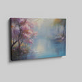 Framed canvas print of a serene landscape with cherry blossoms and a misty lake