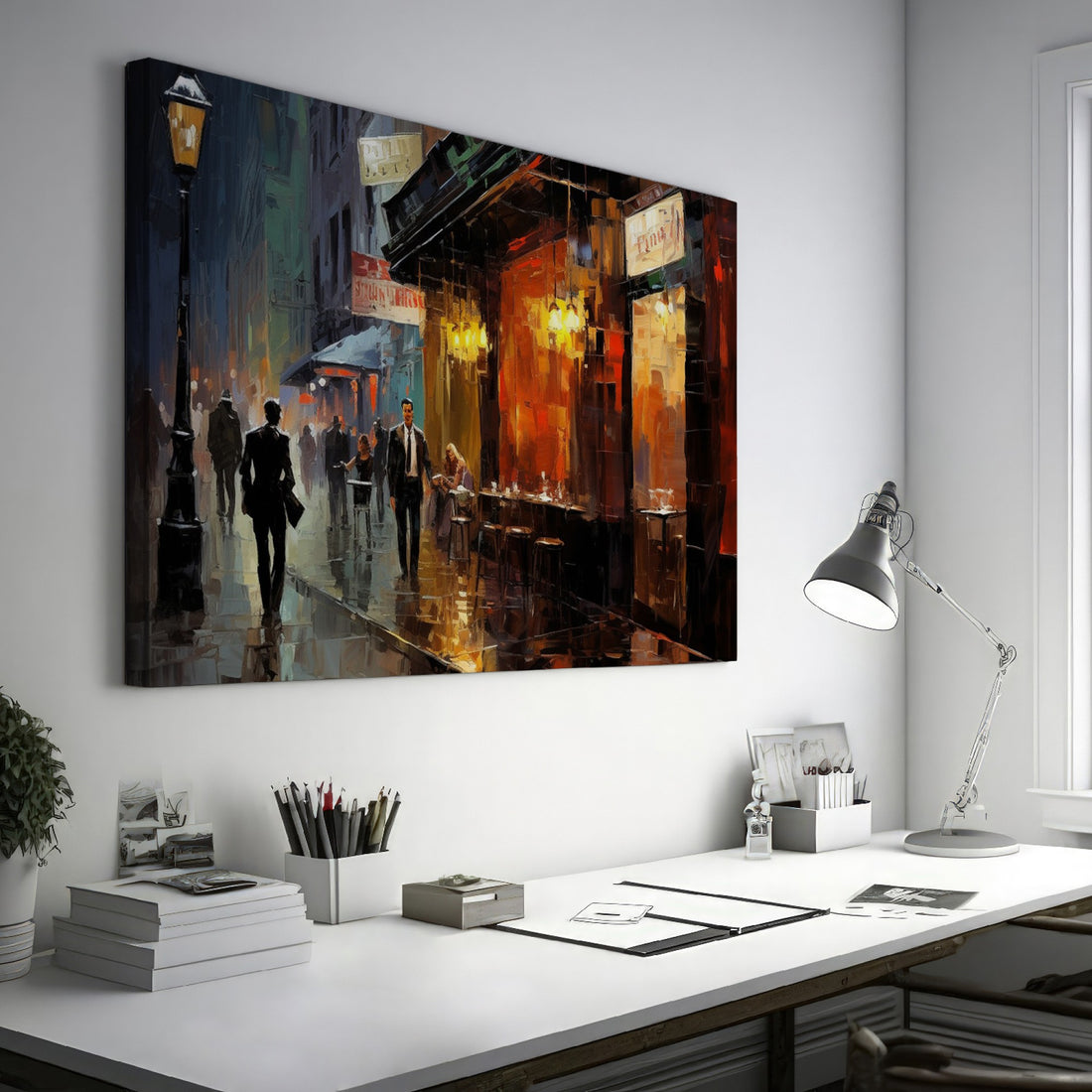 Framed canvas print of a rainy evening cityscape with warm glowing lights and reflections