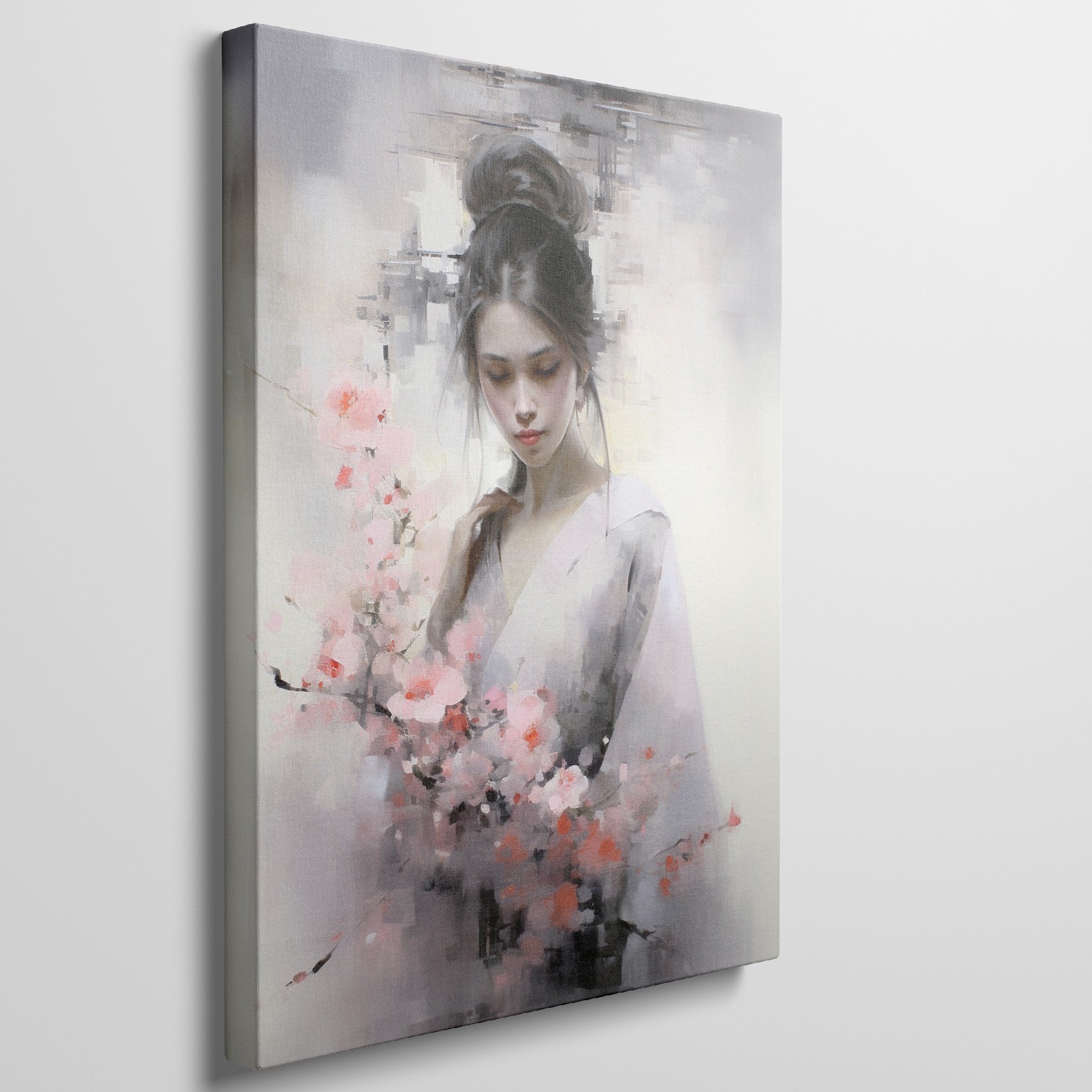 Framed canvas print of an elegant figure with cherry blossoms in soft pastel tones