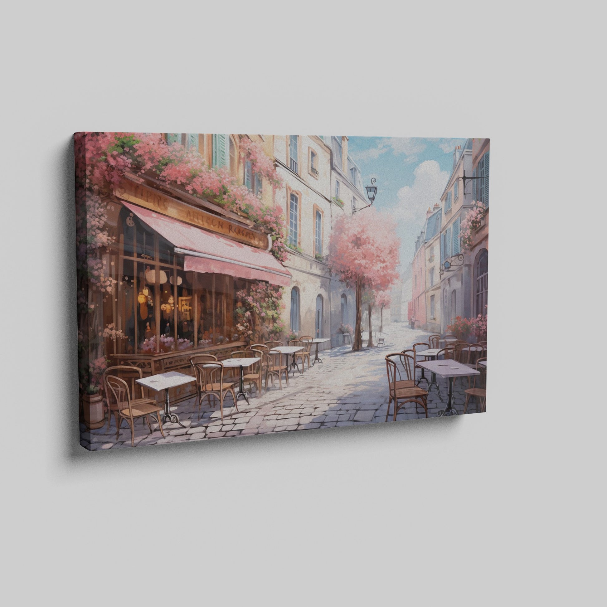 Framed canvas print of a picturesque Parisian alley with cherry blossoms and a street cafe scene in springtime