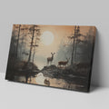 Framed canvas print of serene forest scenery with deer and sunset