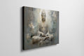 Framed canvas print of a serene Buddha in meditation with ethereal blue and earthy tones