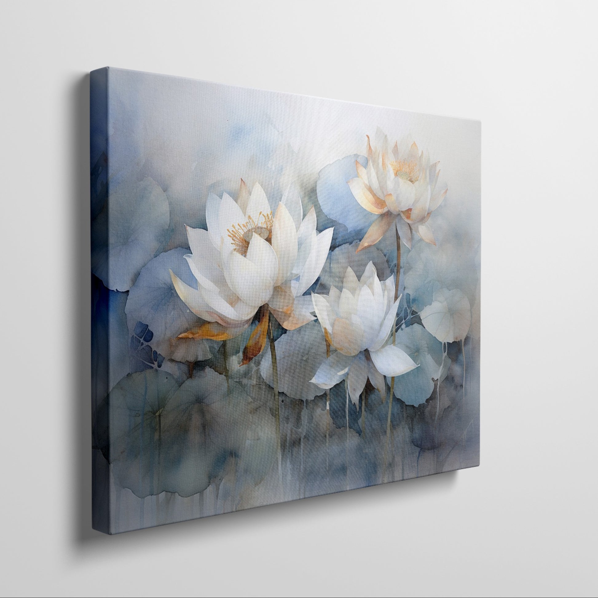 Framed canvas print of ethereal blue and white watercolour lotus flowers with a tranquil vibe