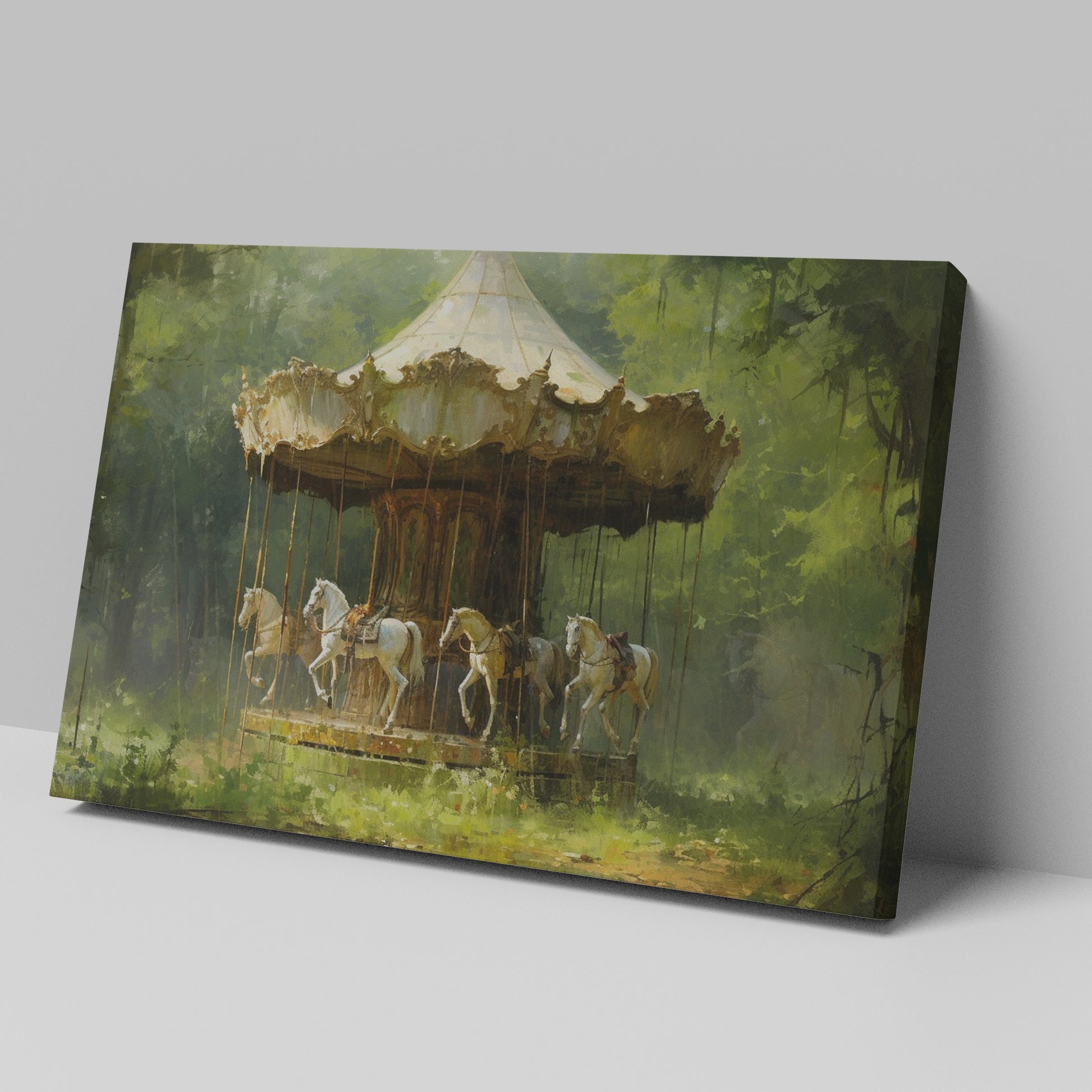 Framed canvas print of a vintage carousel in an enchanting forest setting with rich greenery and soft lighting