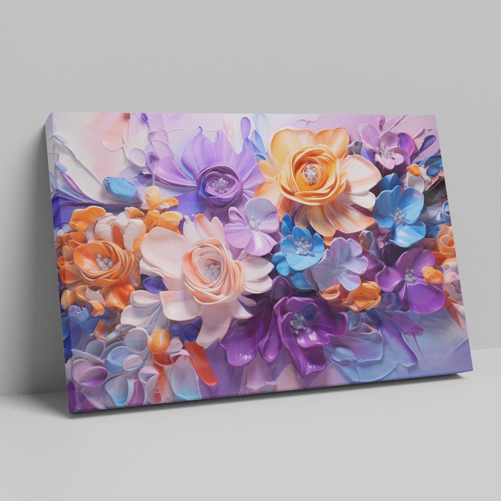 Framed canvas print of vibrant impasto-style abstract flowers in orange, lavender, and blue