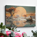 Framed canvas print of a surreal landscape with an ethereal sunset, lady in a boat, and reflective water