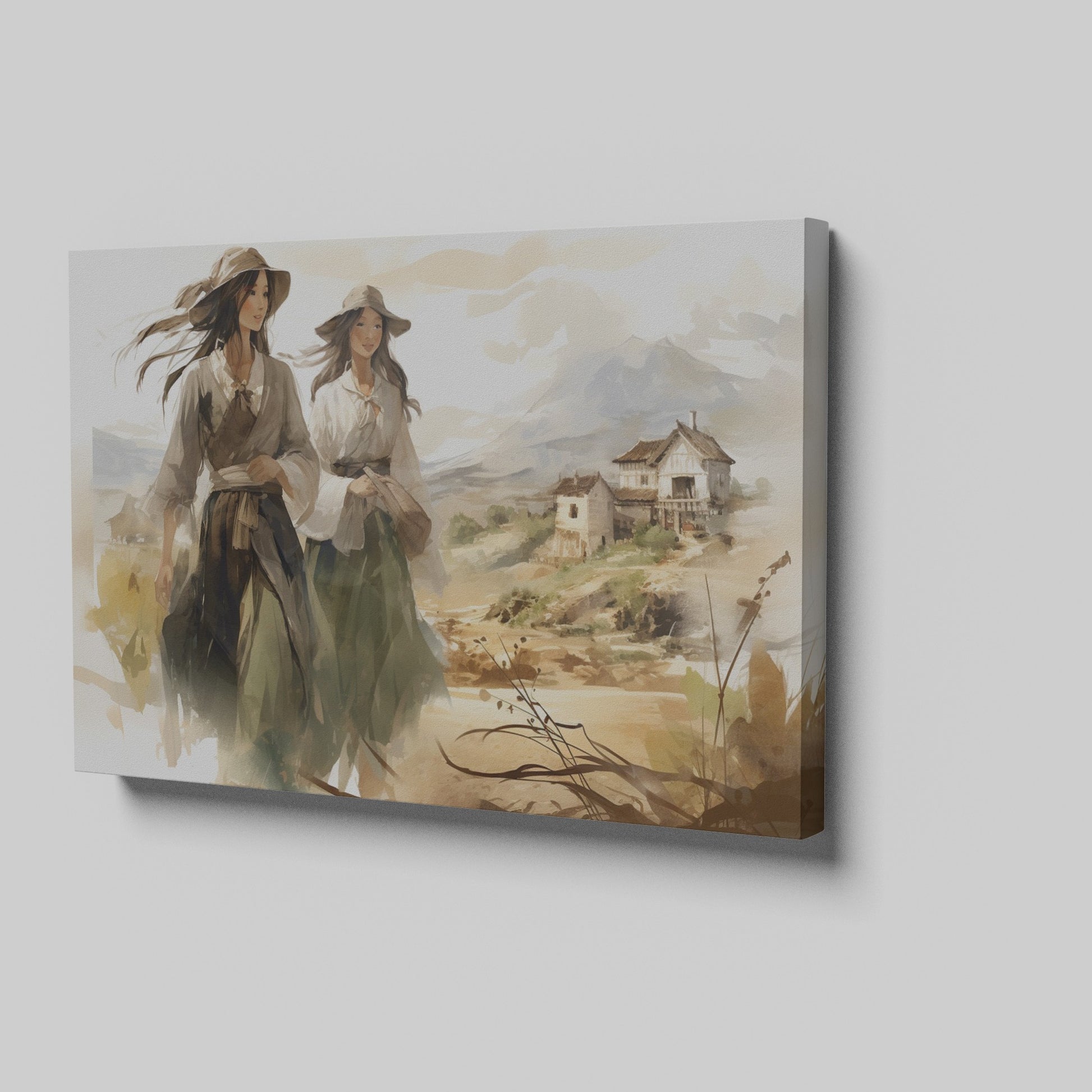 Impressionistic painting of two women in traditional dresses with a countryside backdrop.