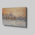 Framed canvas print of a snowy Victorian village at sunset with people ice skating