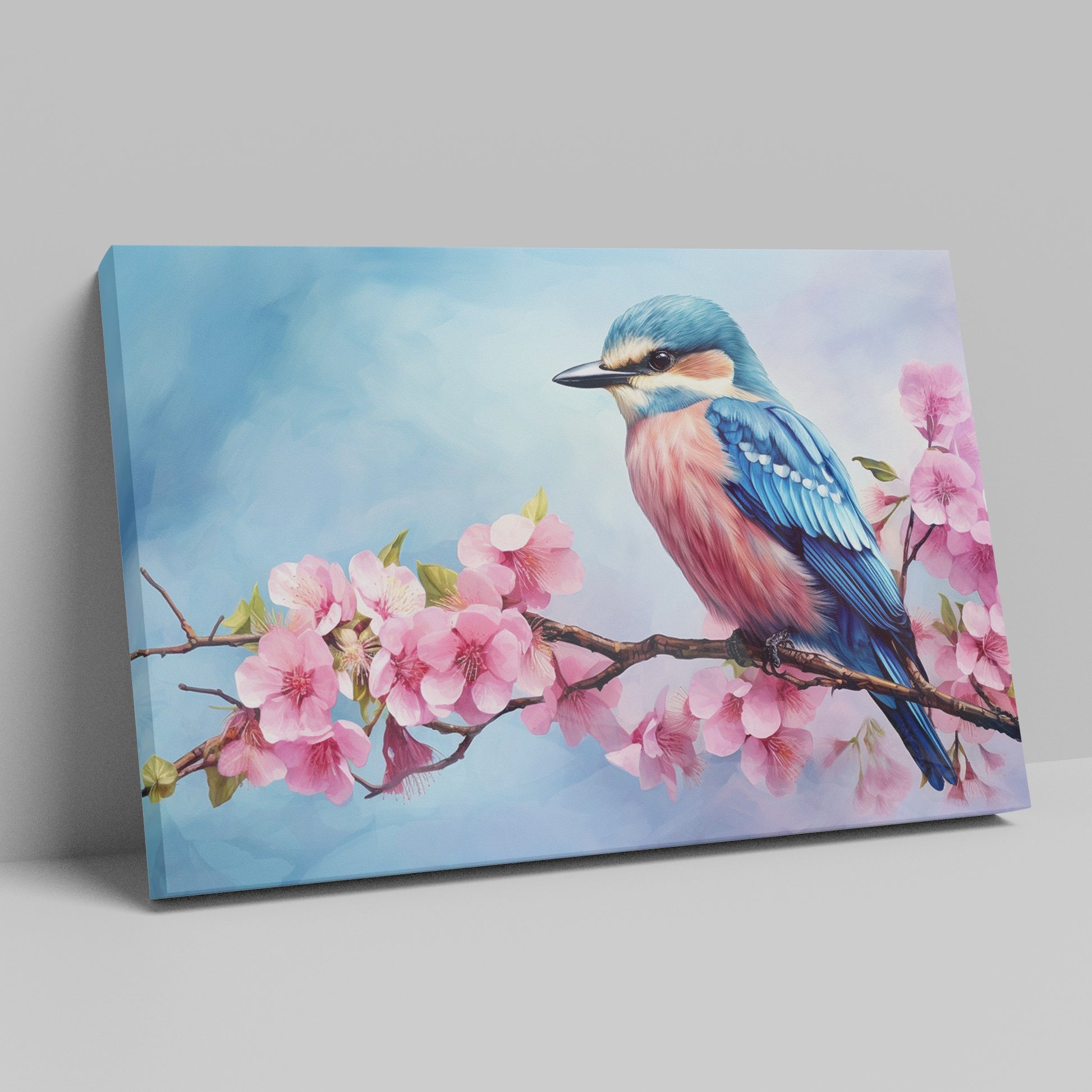 Framed canvas print of a colourful bird on a blossoming cherry branch