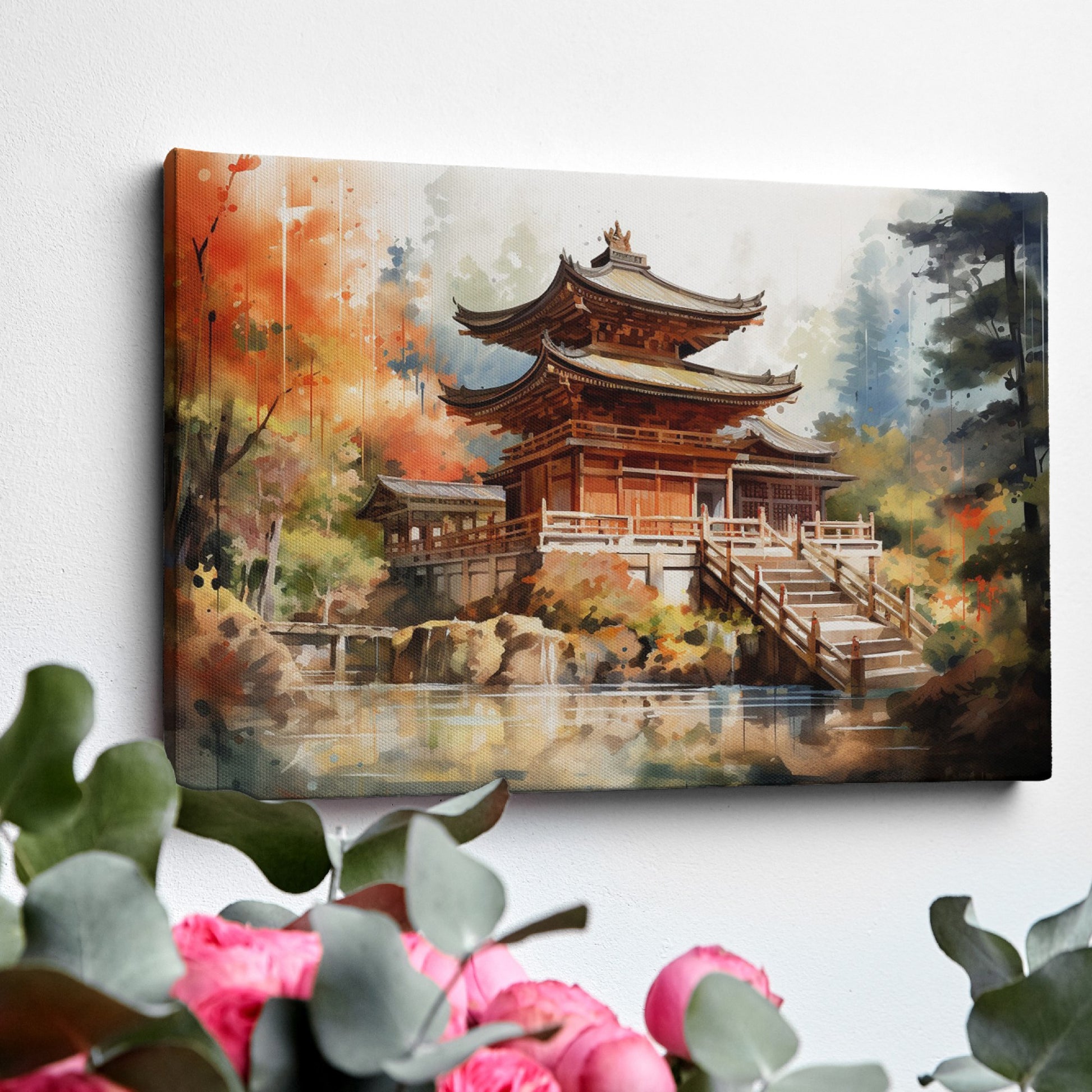 Framed canvas print of a Japanese temple amid autumn scenery with vibrant red and orange leaves