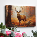 Framed canvas print of a majestic stag in an autumn forest with golden light