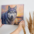 Framed canvas print of an impressionistic Siberian Husky with a vibrant sunset