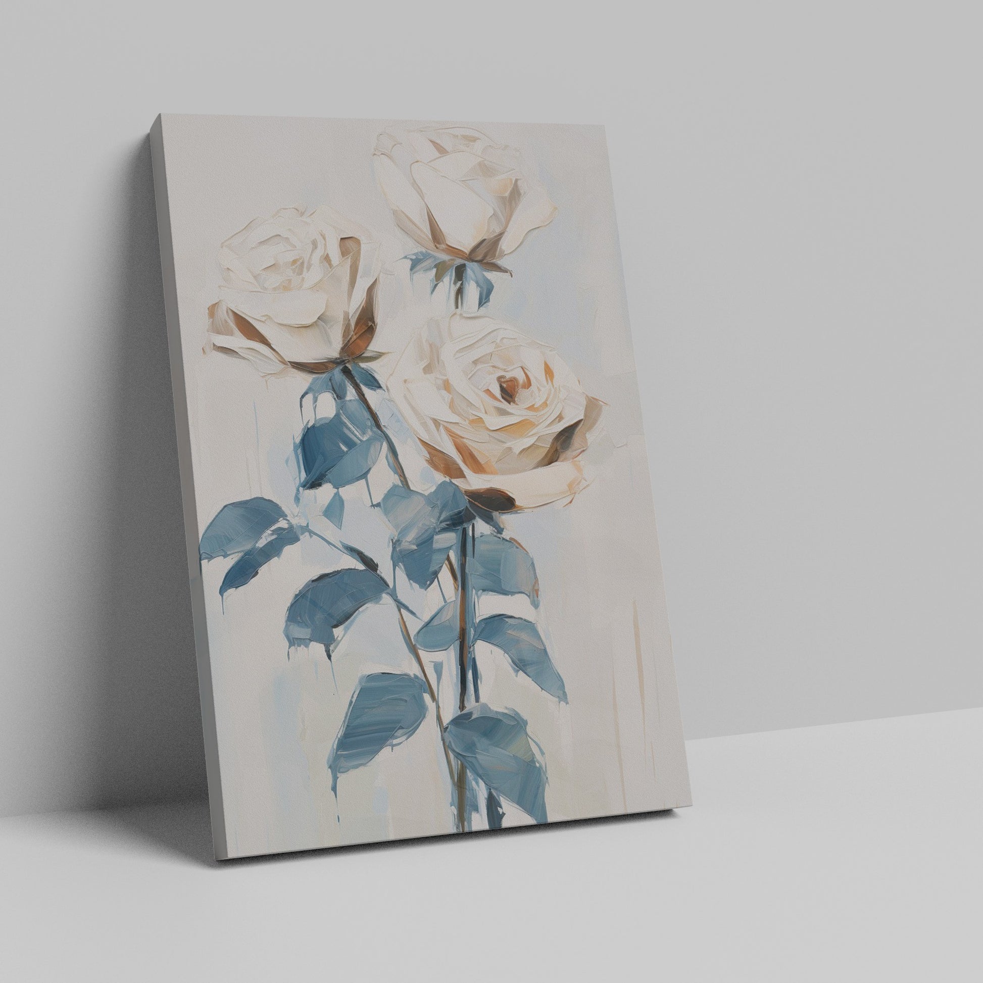 Framed canvas print of stylised abstract roses in neutral colours