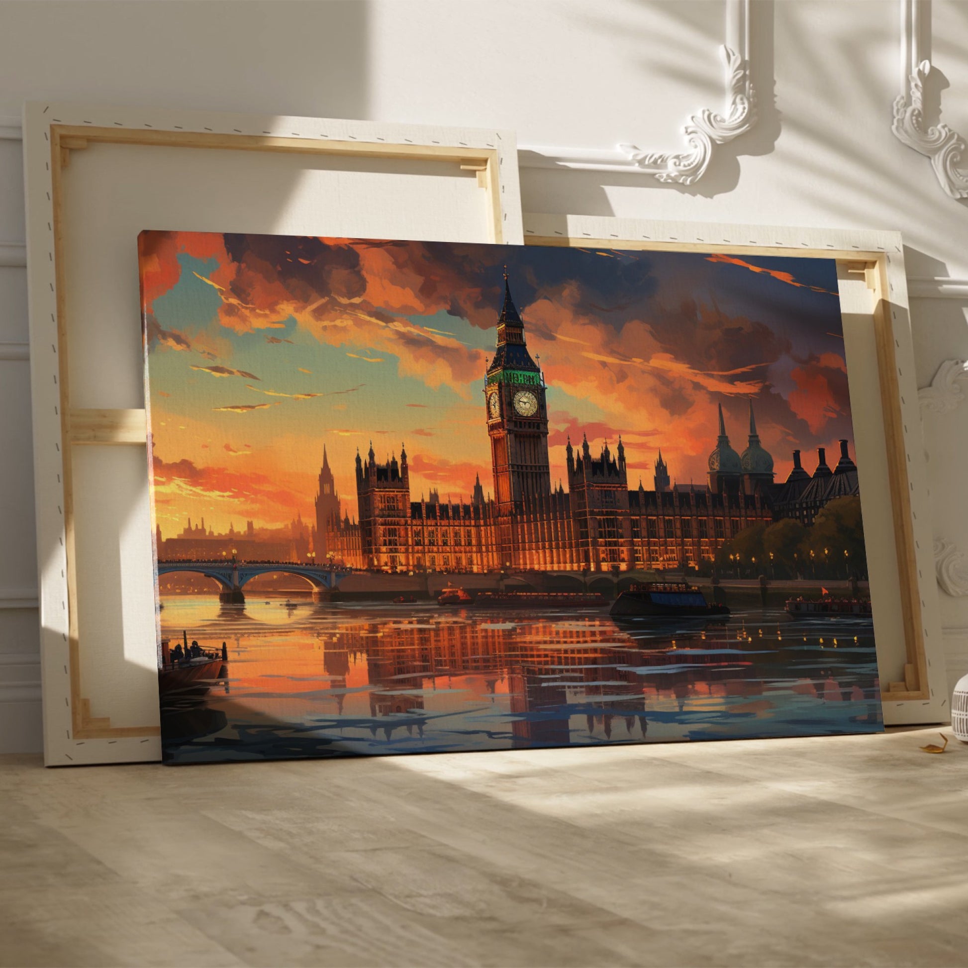 Framed canvas print of a colourful sunset over Big Ben and the London skyline, with stark reflections in the River Thames.