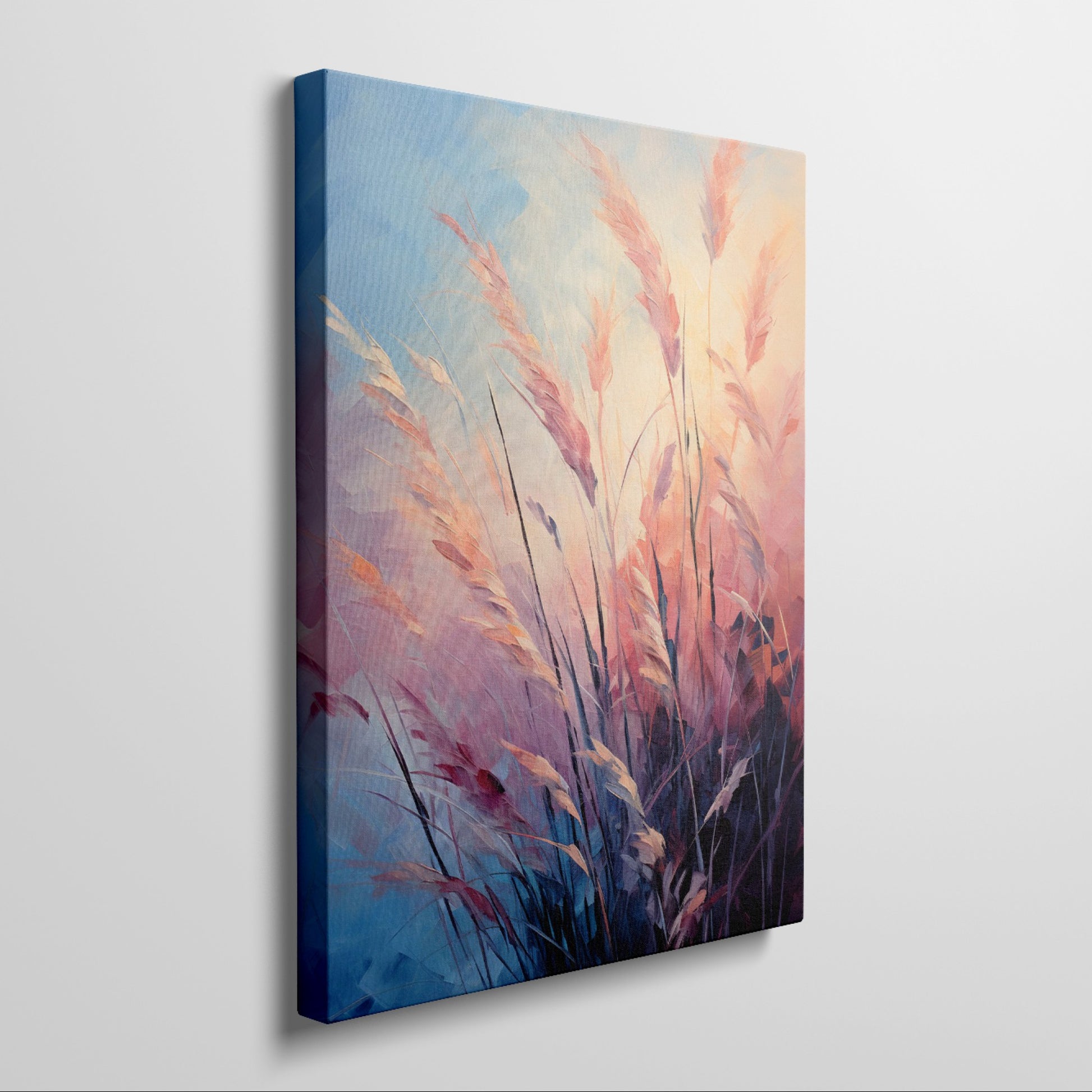 Framed canvas print of abstract pampas grass in sunset colours against a blue sky