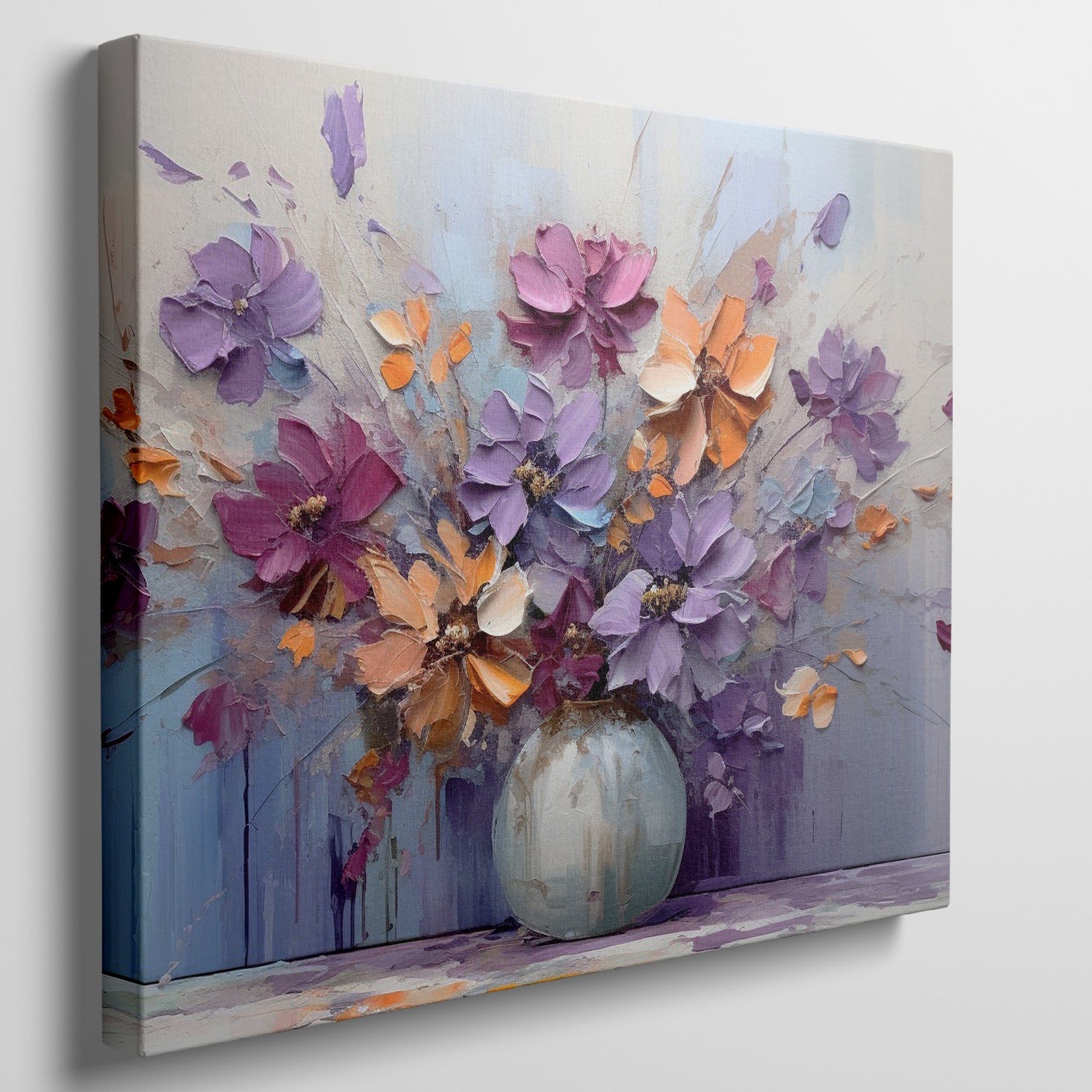 Framed canvas print of a bold textured floral painting with vibrant purple, blue, and orange flowers in an abstract vase