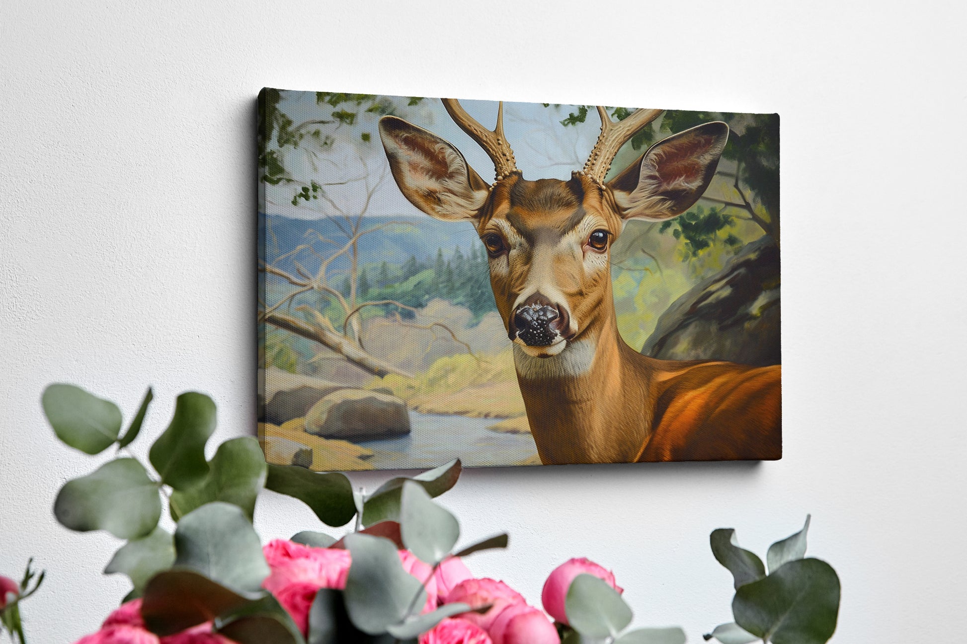 Framed canvas print of a realistic deer portrait with an endearing expression set against a detailed forest landscape