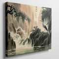 Framed canvas print of an Oriental crane beside a waterfall in traditional Chinese ink wash style