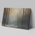 Framed canvas print of a tranquil snowy forest glade with soft dawn light filtering through the trees