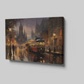 Framed canvas print of a vintage tram travelling through a city with majestic cathedral and warm evening lights reflected on wet streets