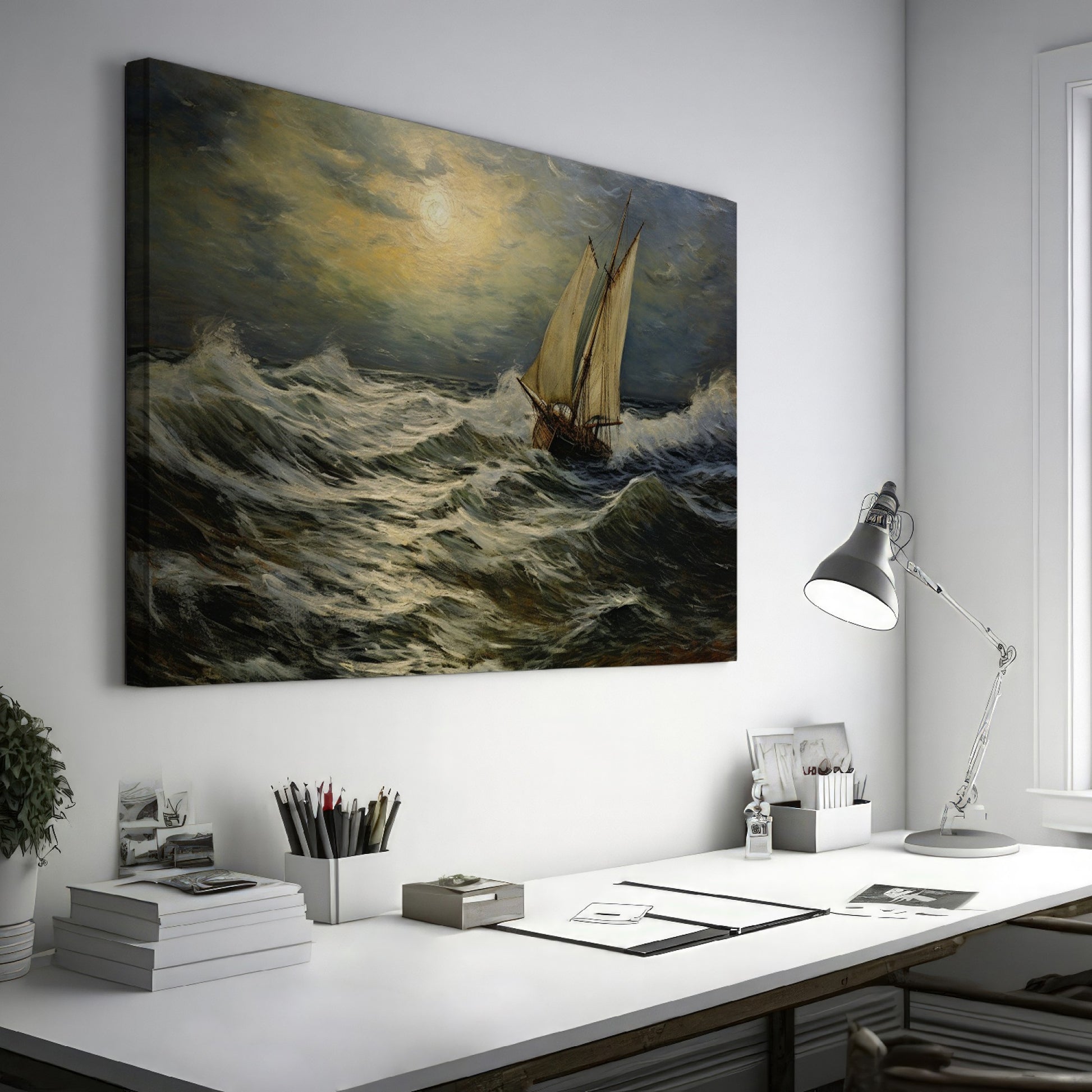 Framed canvas print of a classic maritime seascape with a sailing ship braving tumultuous ocean waves under a cloudy golden sky.