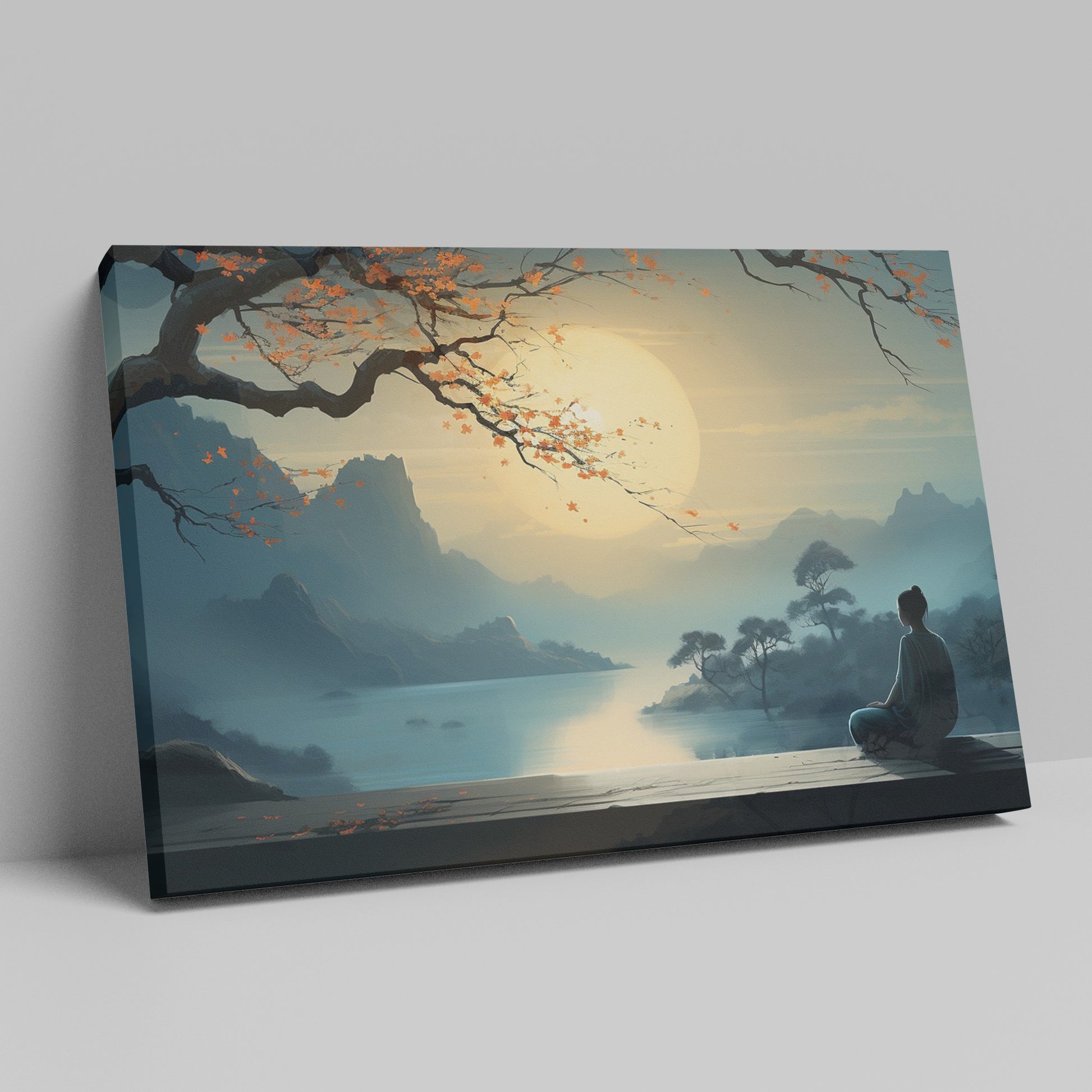 Framed canvas print of a tranquil Zen moment with a silhouette against an Oriental landscape at sunrise