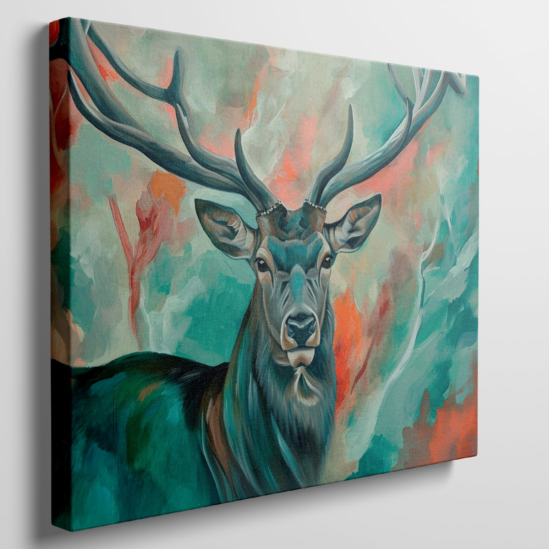 Framed canvas print of a colourful impressionistic painting of a stag with abstract elements