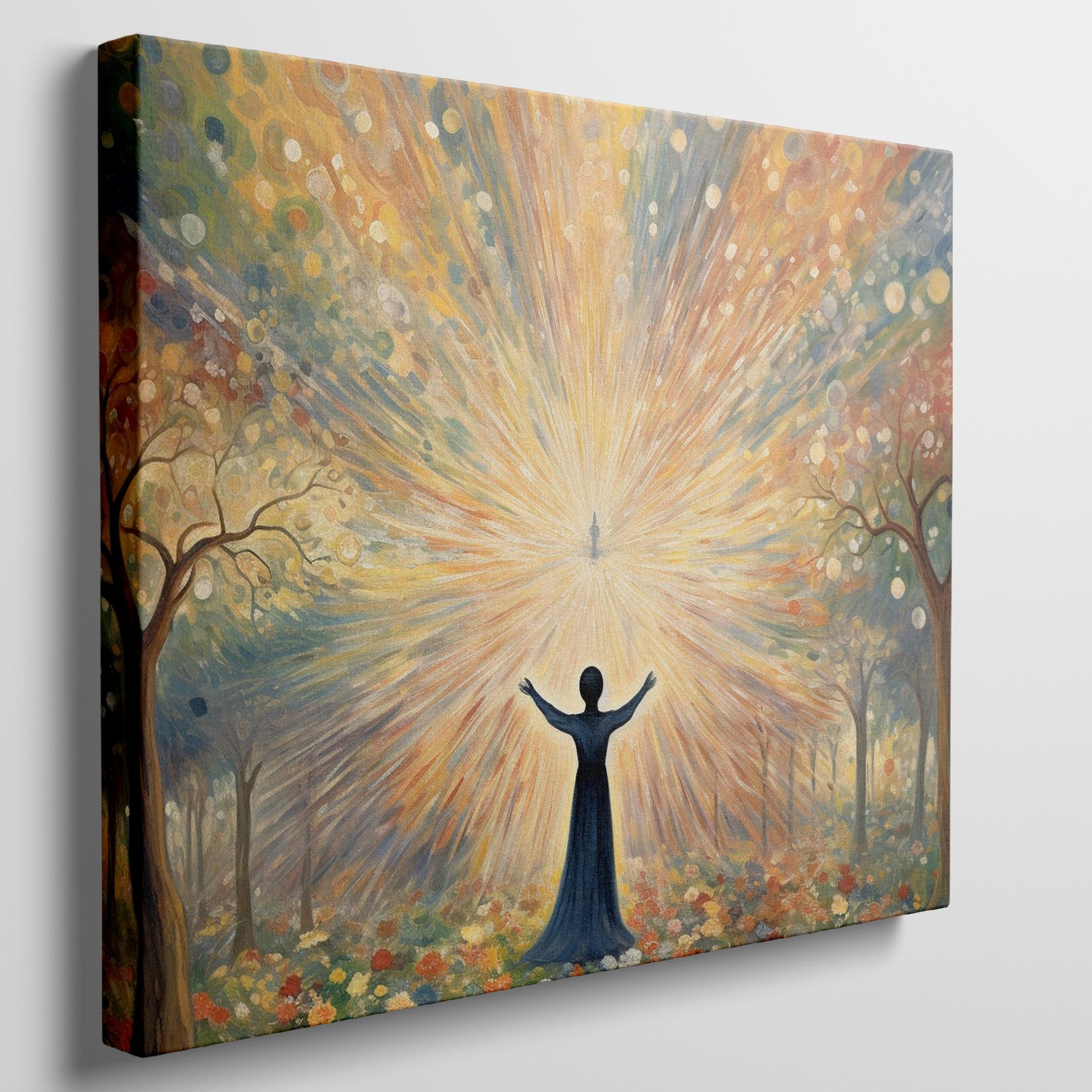 Framed canvas print of a figure silhouetted against a radiant background with mystical trees and glowing orbs.