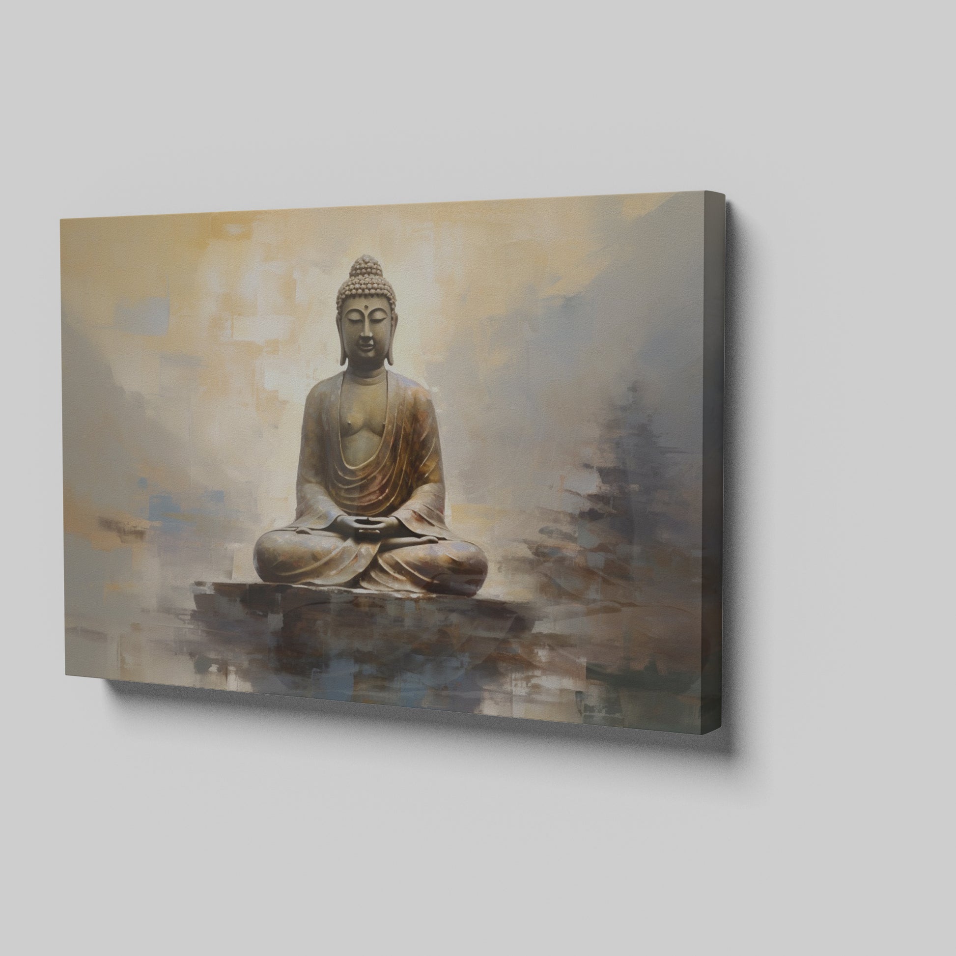 Framed canvas print of a golden Buddha statue with an abstract background